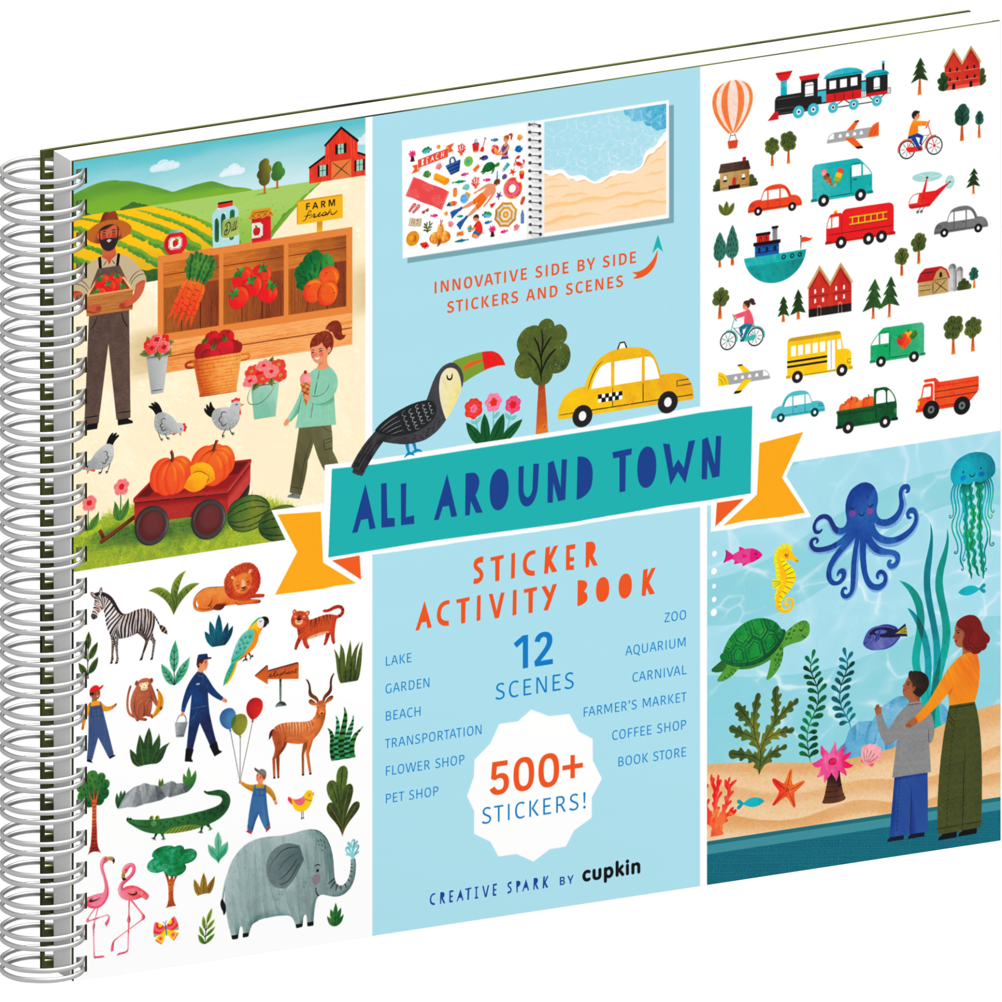 Cars, Trucks, Planes & Trains Activity Book by Cupkin: Innovative Side by Side Sticker Books - Spiral Binding allows The Car Sticker Book to Lay