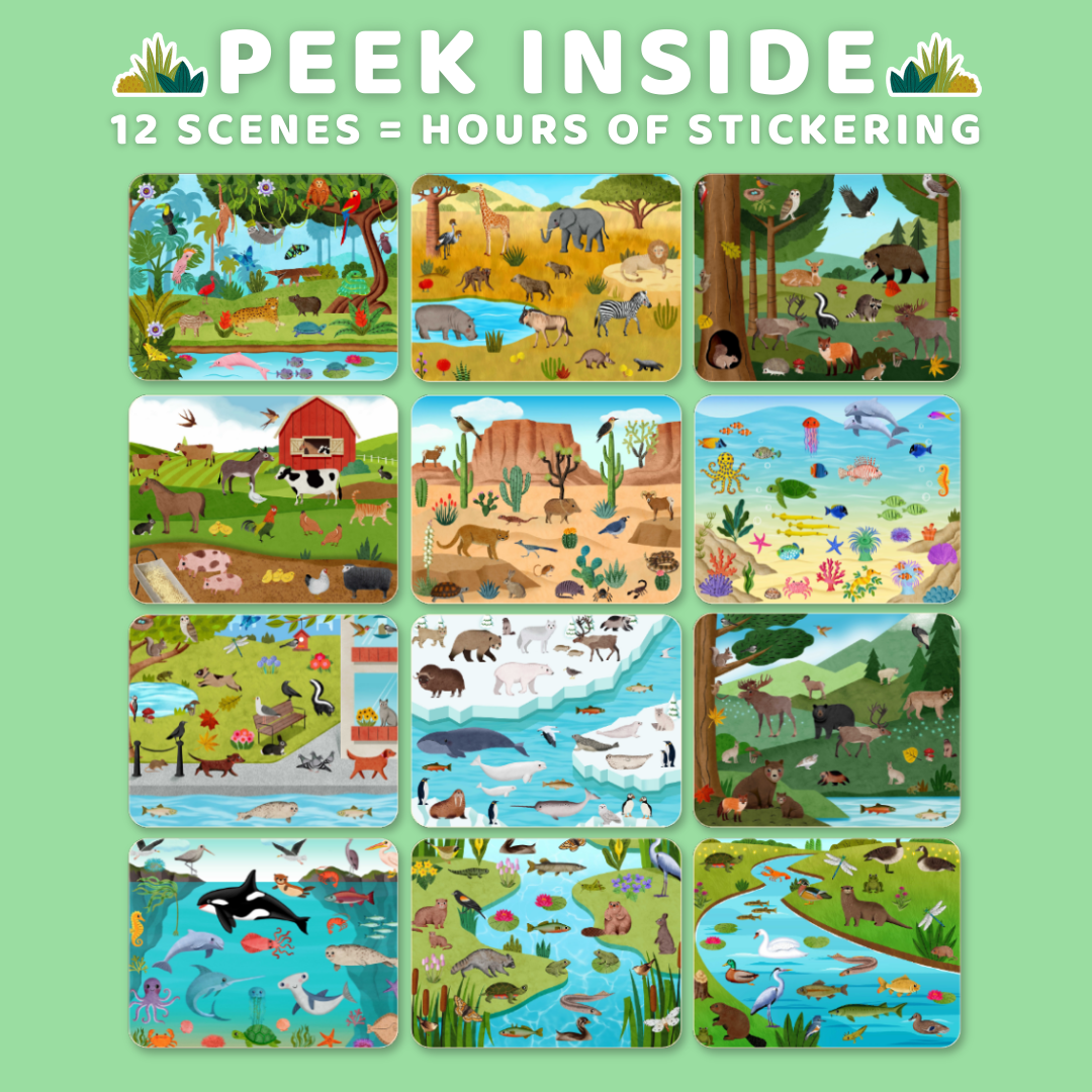 Set of animal stickers with various scenes on a green background, featuring text 'Peek Inside' and '12 Scenes = Hours of Sticking'.