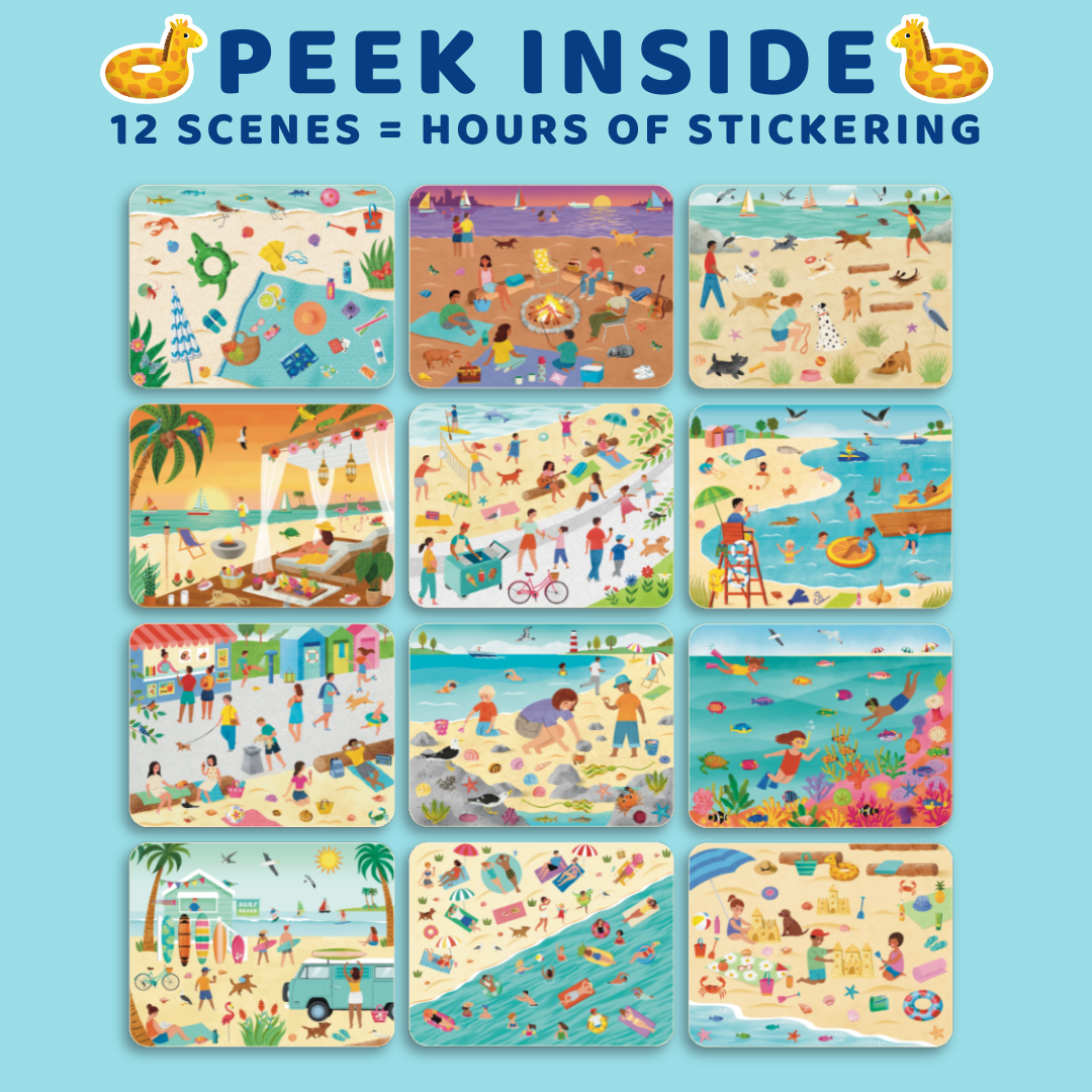 Set of 12 illustrated stickers with beach scenes on a blue background, featuring text 'Peek Inside' and '12 Scenes = Hours of Sticking'.