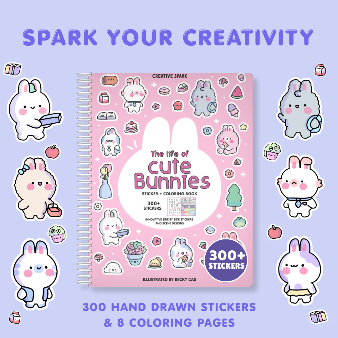Sticker and coloring book titled 'The Life of Cute Bunnies' with stickers on a light purple background.