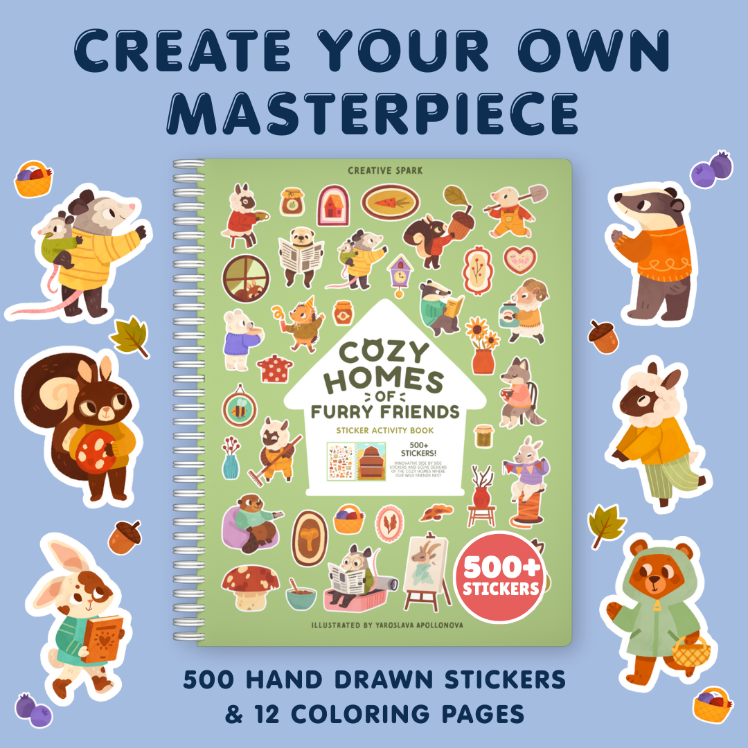 Sticker activity book titled 'Cozy Homes of Furry Friends' with stickers on a blue background
