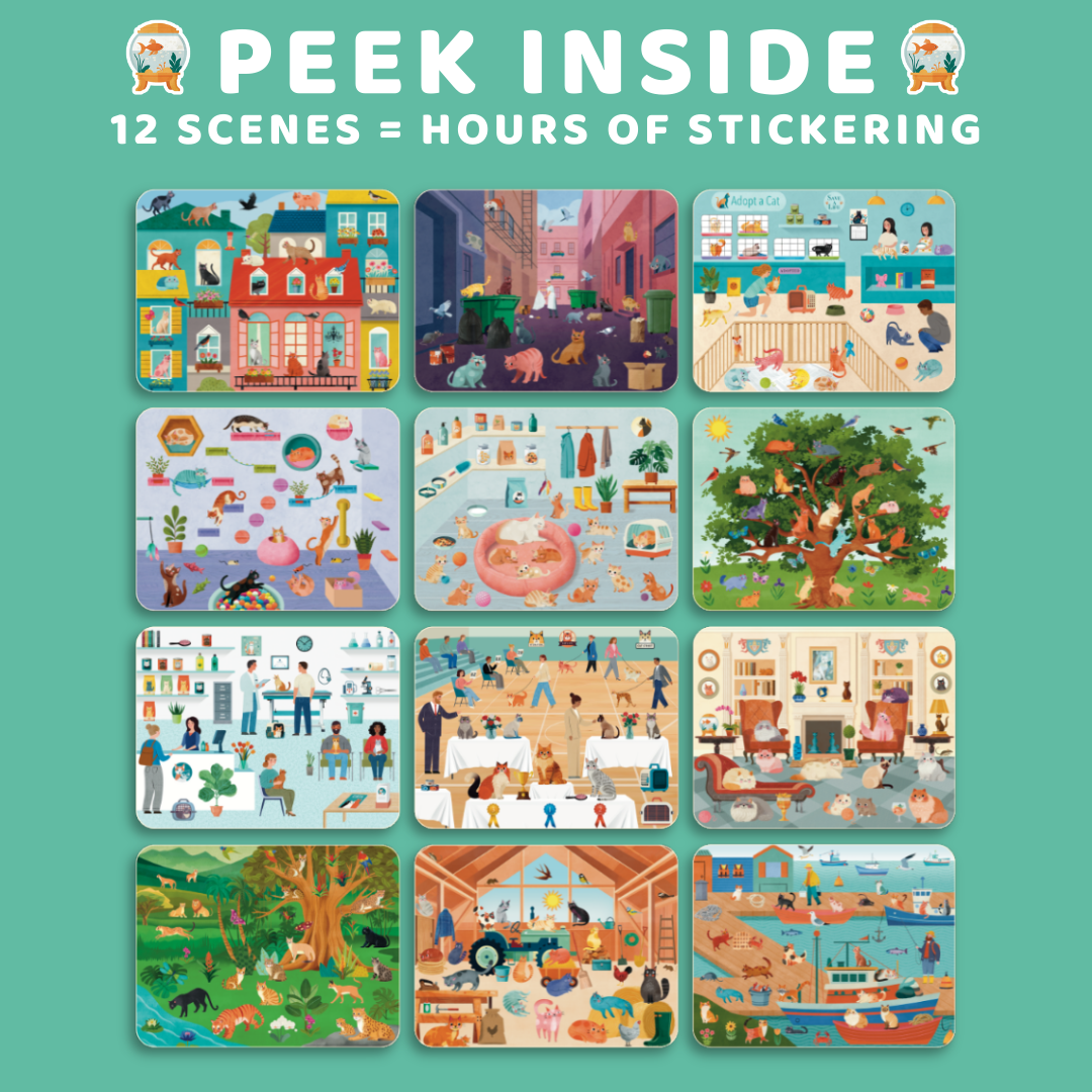 Illustrated scenes from a sticker book with 'Peek Inside' text on a green background
