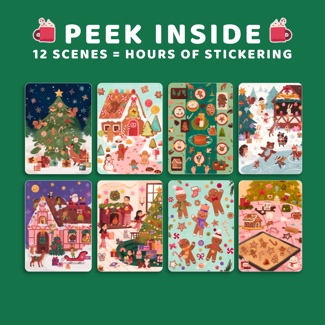 Set of Christmas-themed sticker sheets with various scenes on a green background.