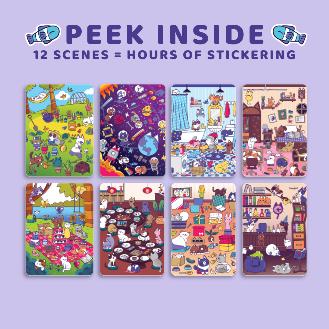 Set of eight colorful sticker sheets with various scenes on a purple background, featuring text 'Peek Inside' and '12 Scenes = Hours of Sticking'.
