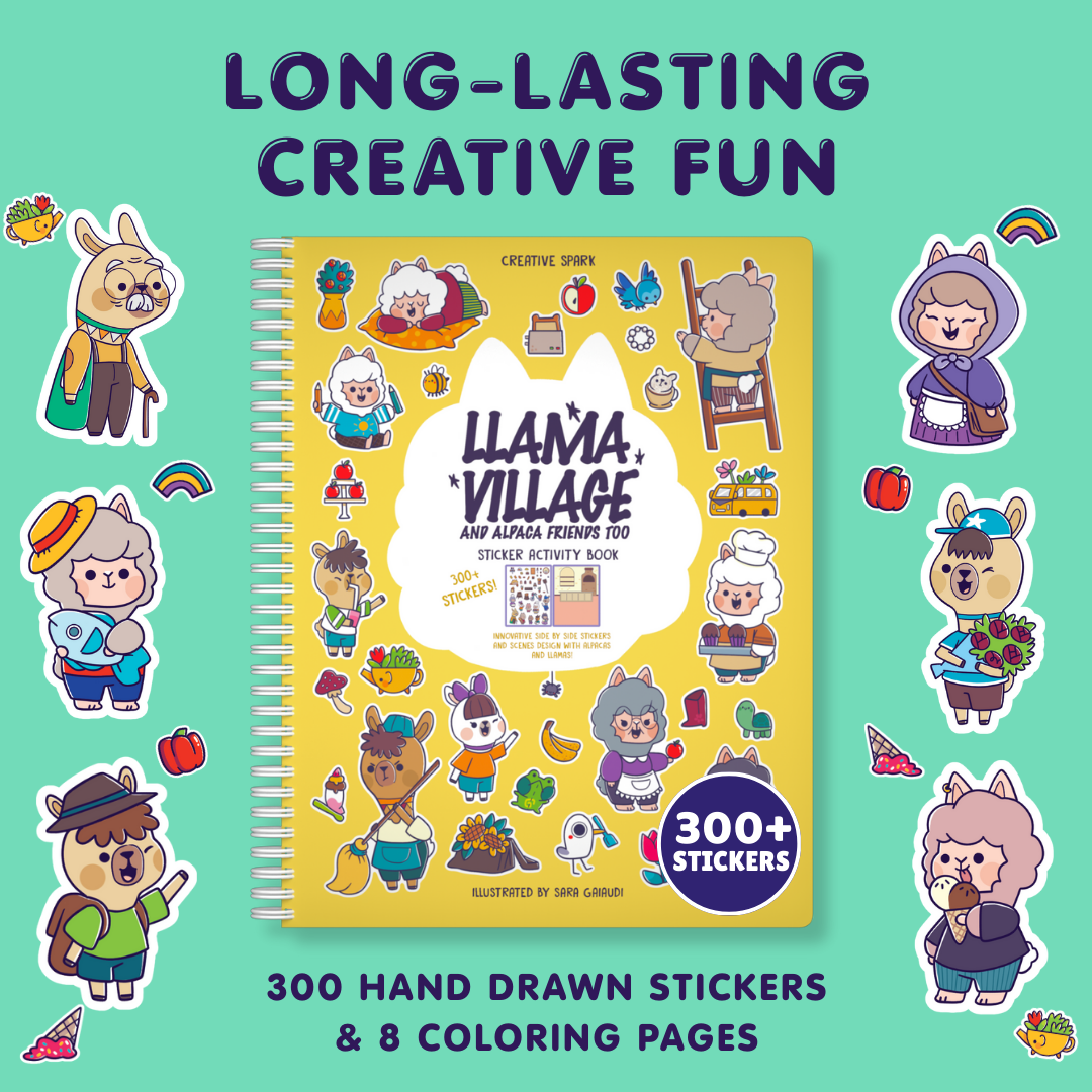 Sticker activity book cover with llama characters and text on a teal background