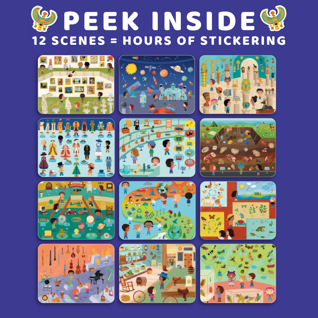 Cover of a sticker book with various scenes and 'Peek Inside' text on a blue background