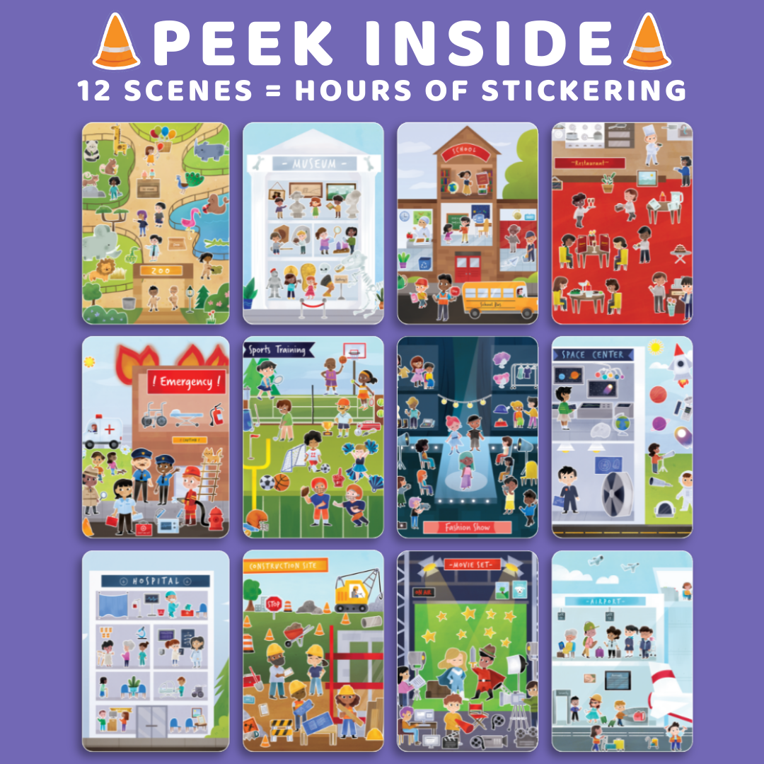 Set of 12 illustrated sticker scenes on a purple background with 'Peek Inside' text.