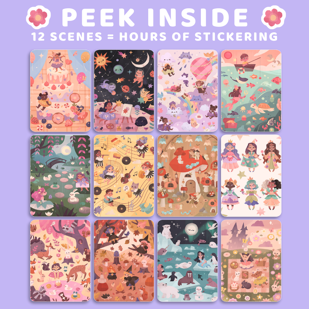 Set of 12 colorful sticker sheets with various designs on a purple background, featuring text 'Peek Inside' and '12 Scenes = Hours of Sticking'.