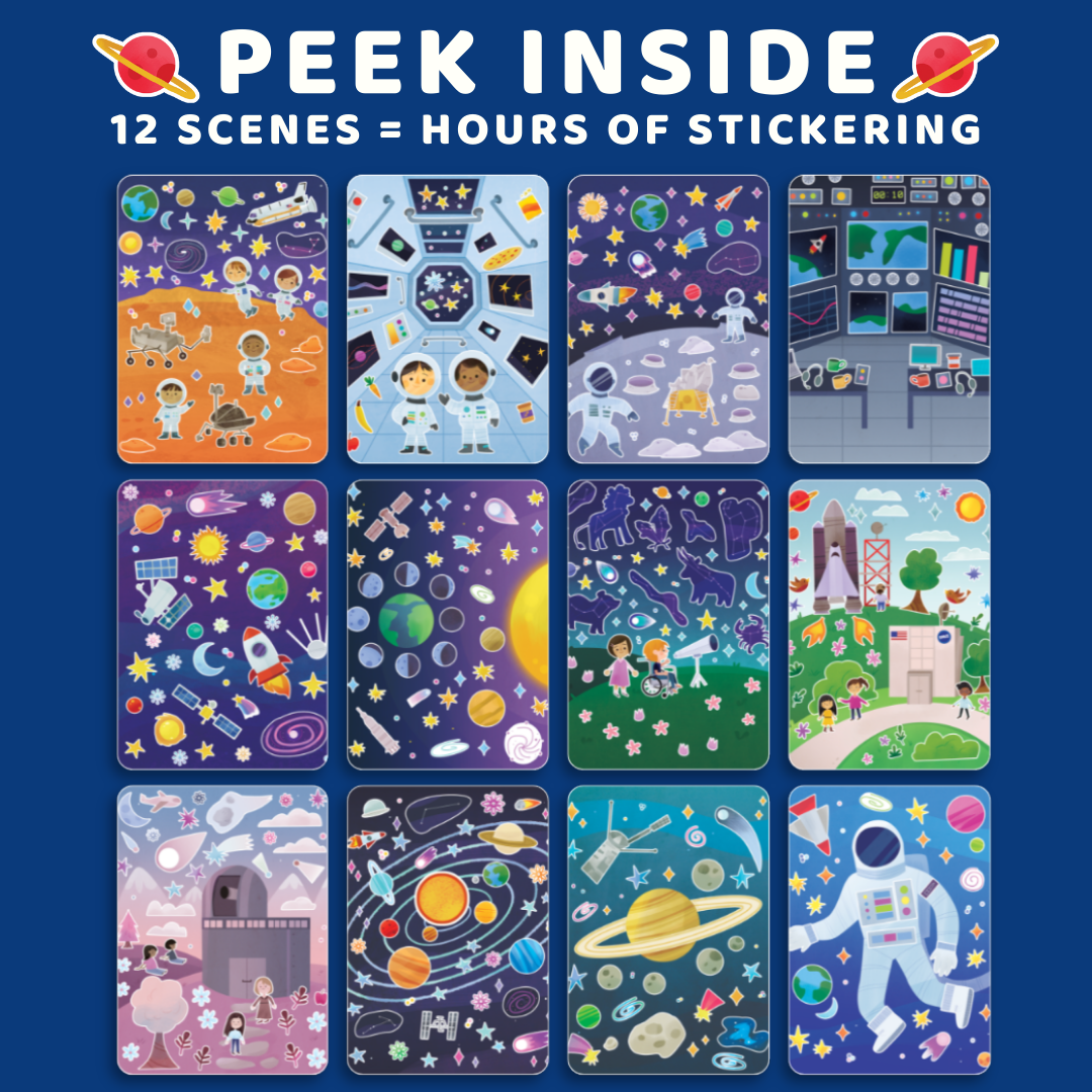 Sticker book with space-themed designs on a blue background