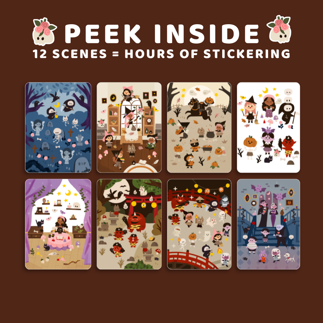 Set of Halloween-themed sticker sheets with various scenes on a brown background.