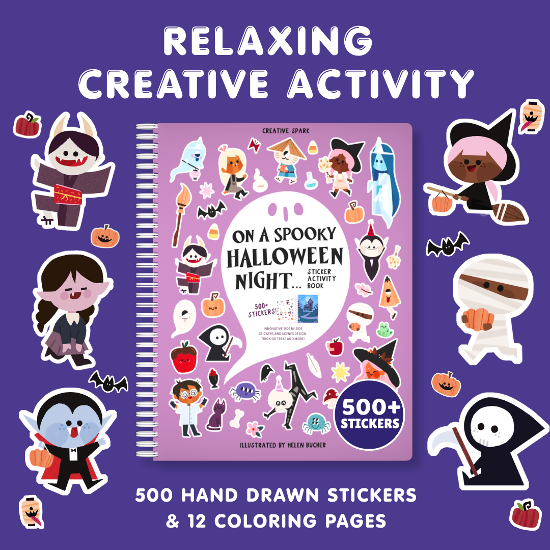Halloween-themed sticker book with stickers and text on a purple background