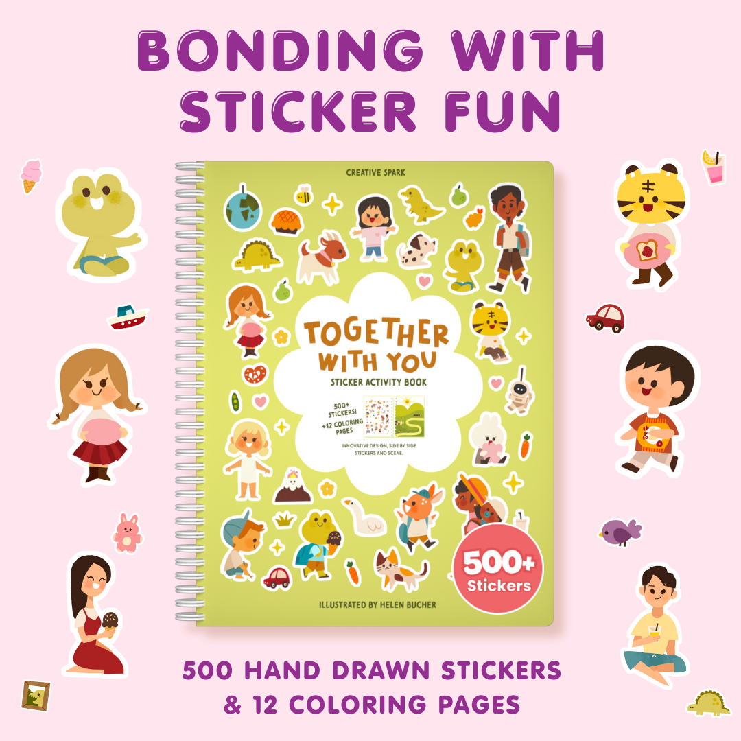 Sticker activity book titled 'Together with You' with colorful illustrations on a pink background.