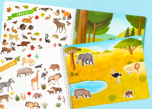 Two educational books on a blue background, one with forest animals and the other with African savanna animals.