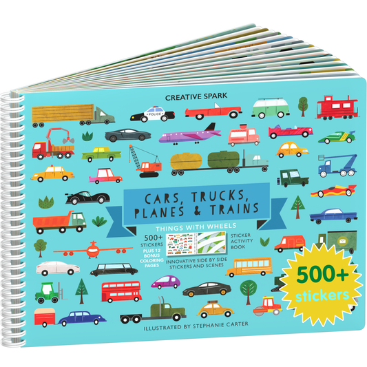 Cars Trucks Planes sticker book cover on a white background