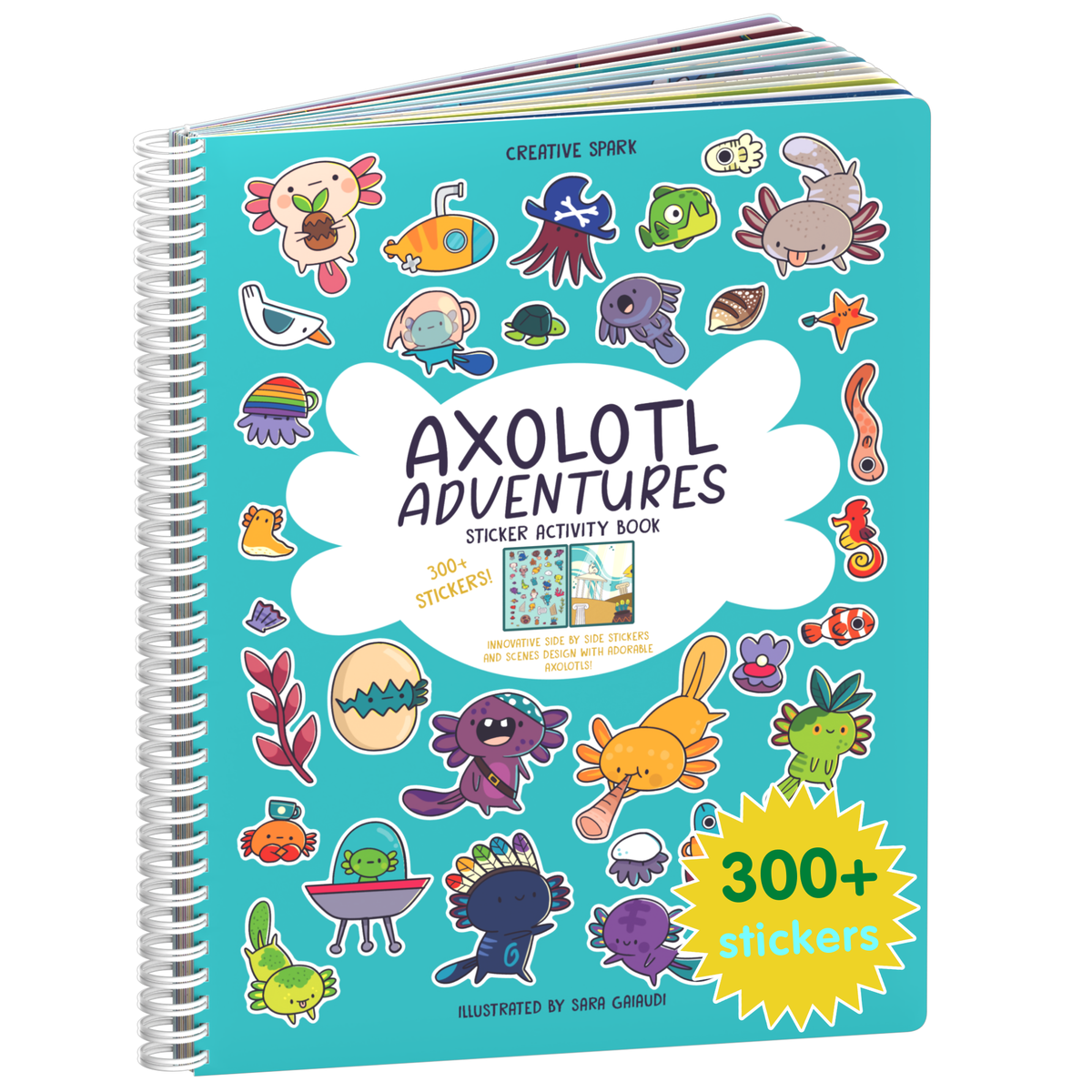 Axolotl Adventures sticker book cover on a white background