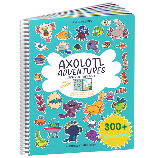 Axolotl Adventures sticker book cover on a white background