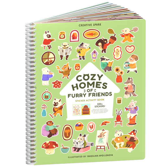 Cozy Homes of Furry Friends sticker book cover on a white background