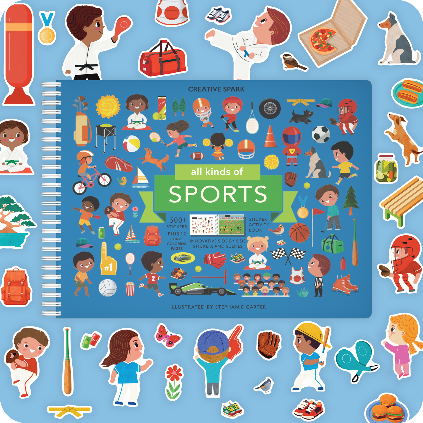 The image depicts the cover of the 'All Kinds of Sports Sticker Book', showing a vibrant array of sports-related stickers such as people playing various sports, athletes, and sports equipment like balls and trophies.