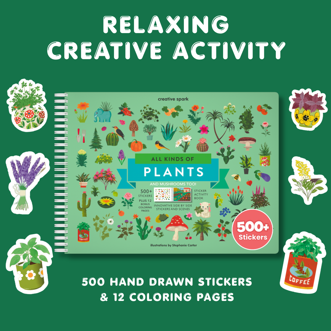 Coloring book with stickers titled 'All Kinds of Plants' on a green background