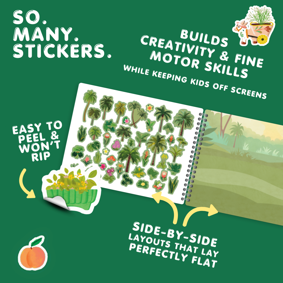 Sticker book with green stickers on a green background, promoting creativity and fine motor skills.