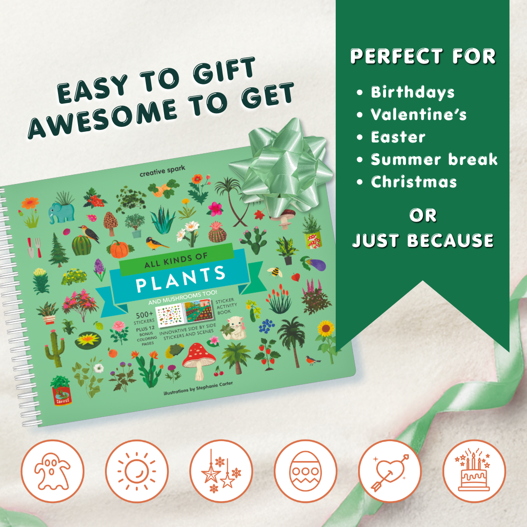 Gift guide with a notebook titled 'All Kinds of Plants' and decorative elements on a white background.