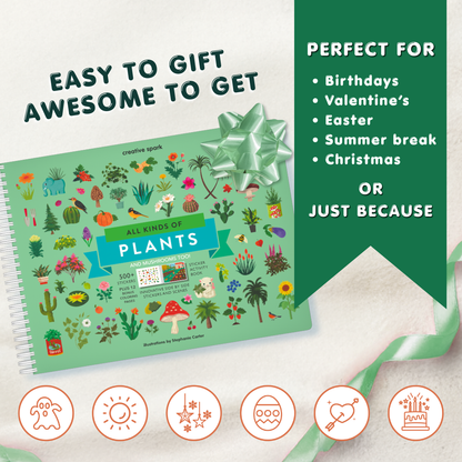 Gift guide with a notebook titled 'All Kinds of Plants' and decorative elements on a white background.