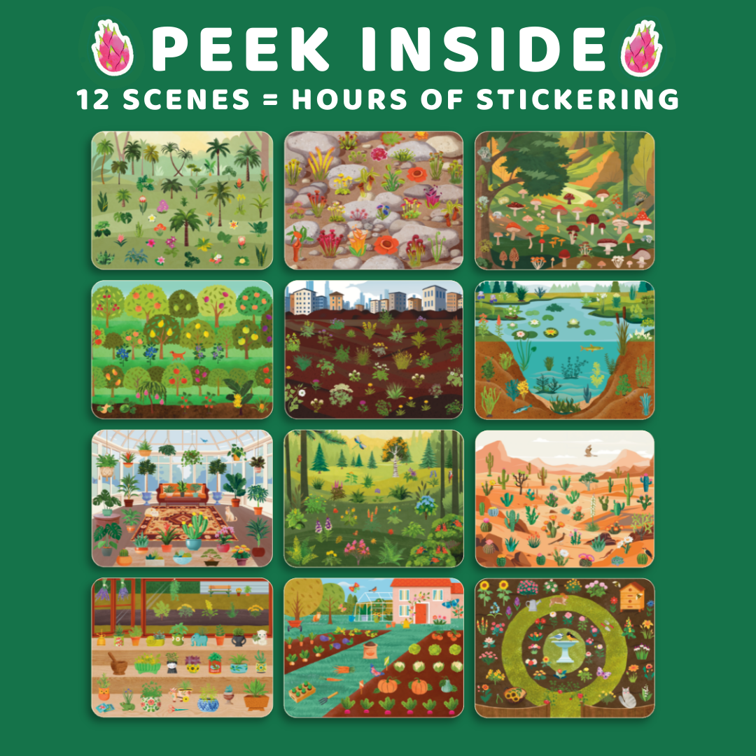 Cover of a sticker book with various scenes on a green background