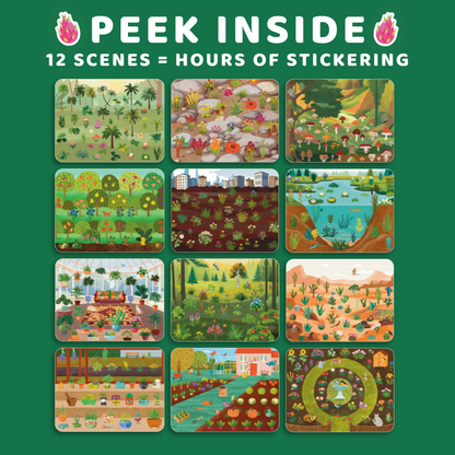 Cover of a sticker book with various scenes on a green background