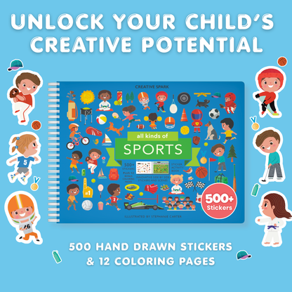 Children's activity book with stickers and coloring pages on a blue background