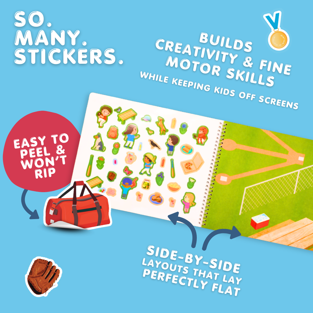 Sticker book with colorful stickers on a blue background, promoting creativity and fine motor skills.