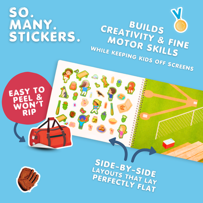 Sticker book with colorful stickers on a blue background, promoting creativity and fine motor skills.