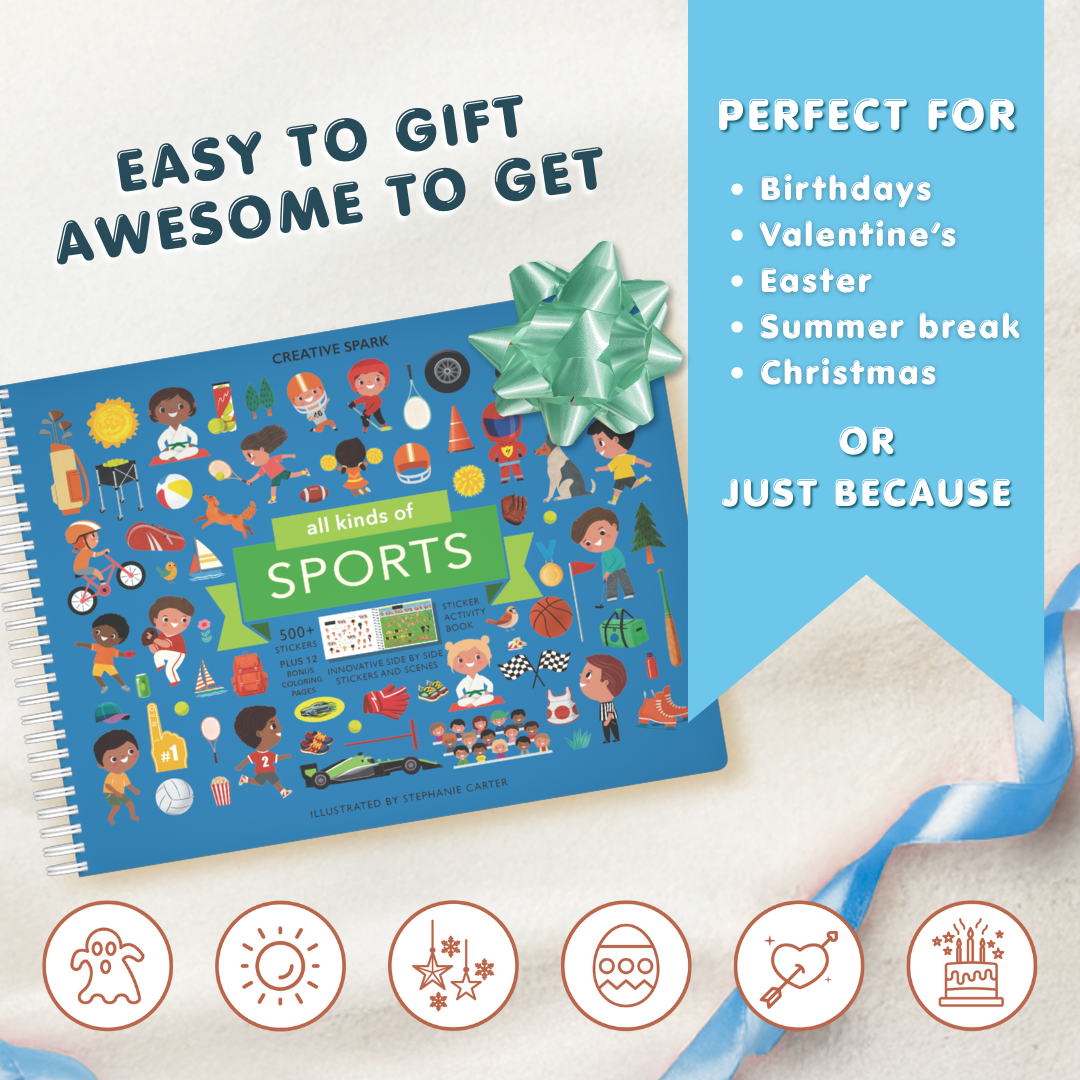 Children's book titled 'All Kinds of Sports' with a gift bow on a light background