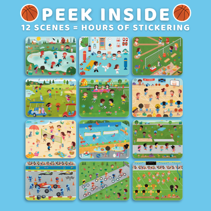 Cover of a sticker book with various scenes of children playing sports on a blue background.