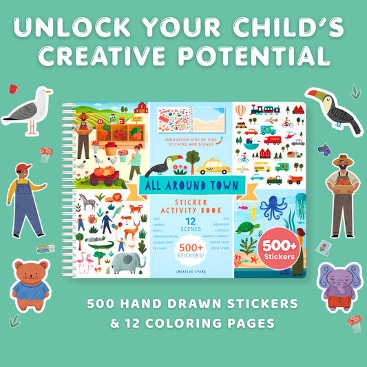 Sticker activity book with colorful illustrations on a green background
