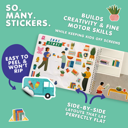 Sticker book with illustrations of children and books, surrounded by text highlighting features like 'So Many Stickers', 'Builds Creativity & Fine Motor Skills', 'Easy to Peel & Won't Rip', and 'Side-by-Side Layouts'.