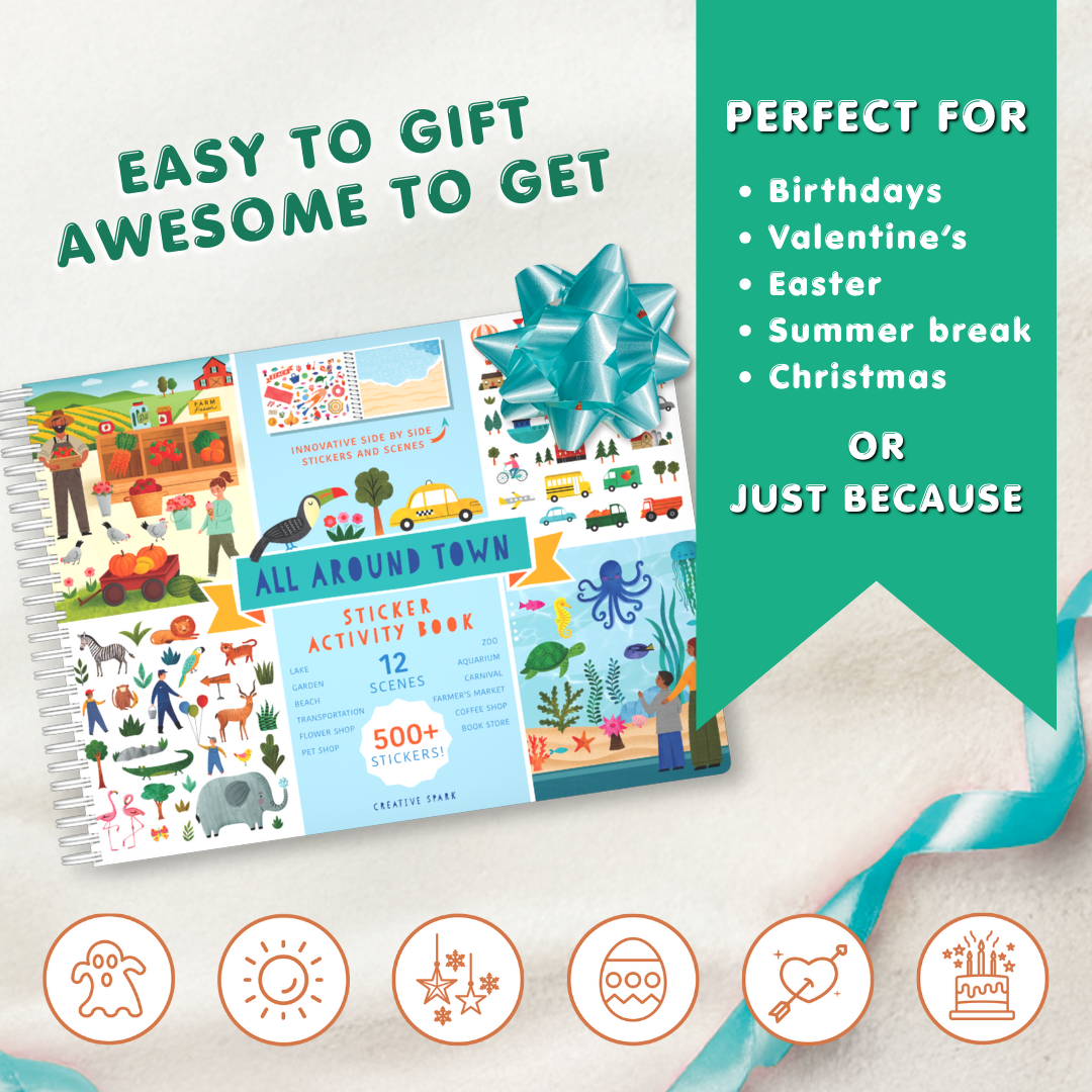 Sticker activity book with a blue bow on a white background, featuring text about gift-giving occasions.