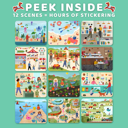 Cover of a sticker book with various scenes and 'Peek Inside' text on a green background