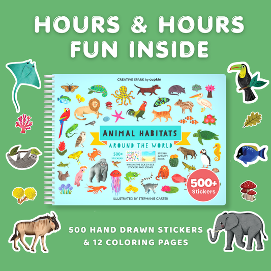 Children's activity book with stickers and coloring pages on a green background