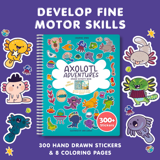 Sticker activity book titled 'Axolotl Adventures' with colorful axolotl illustrations on a purple background.