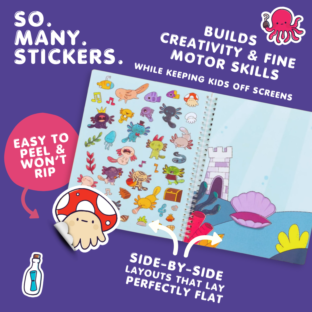 Sticker book with colorful stickers on a purple background, featuring text about creativity and fine motor skills.