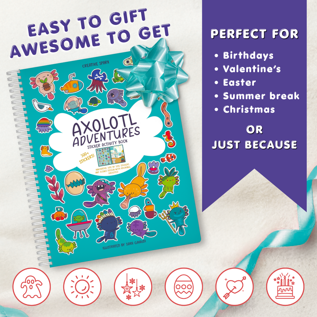 Sticker activity book titled 'Axolotl Adventures' with a blue ribbon on a white background.