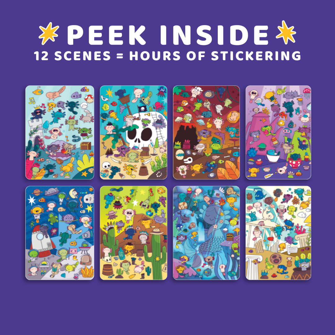 Set of colorful sticker sheets with various designs on a purple background, featuring text 'Peek Inside' and '12 scenes = hours of stickering'.