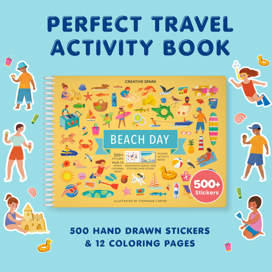 Travel activity book with stickers and coloring pages on a blue background
