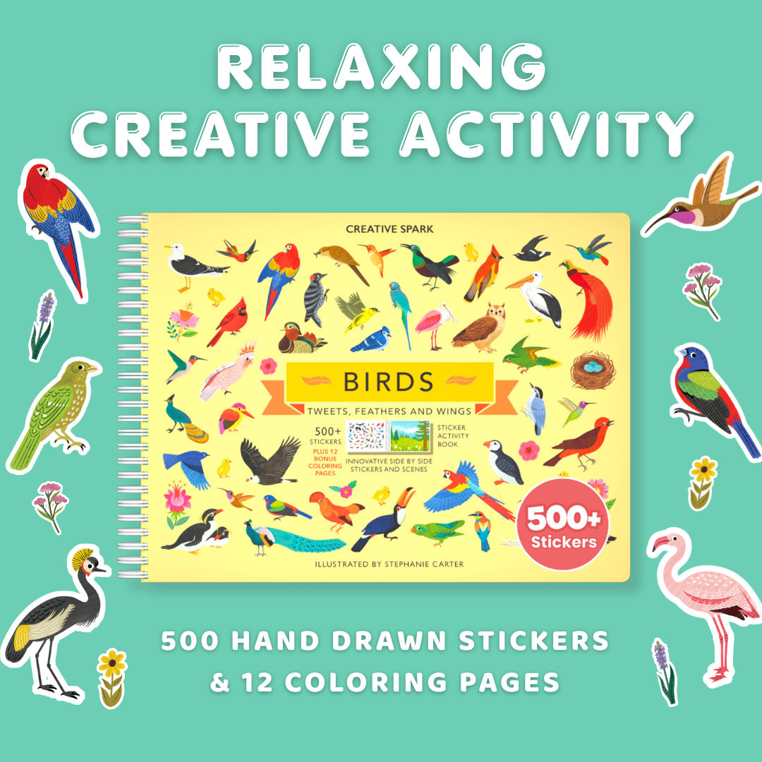 Bird-themed sticker book with colorful birds and flowers on a teal background