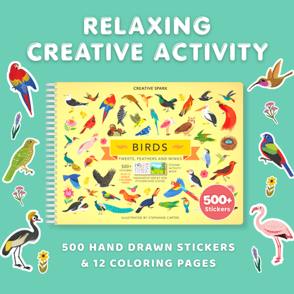 Bird-themed sticker book with colorful birds and flowers on a teal background