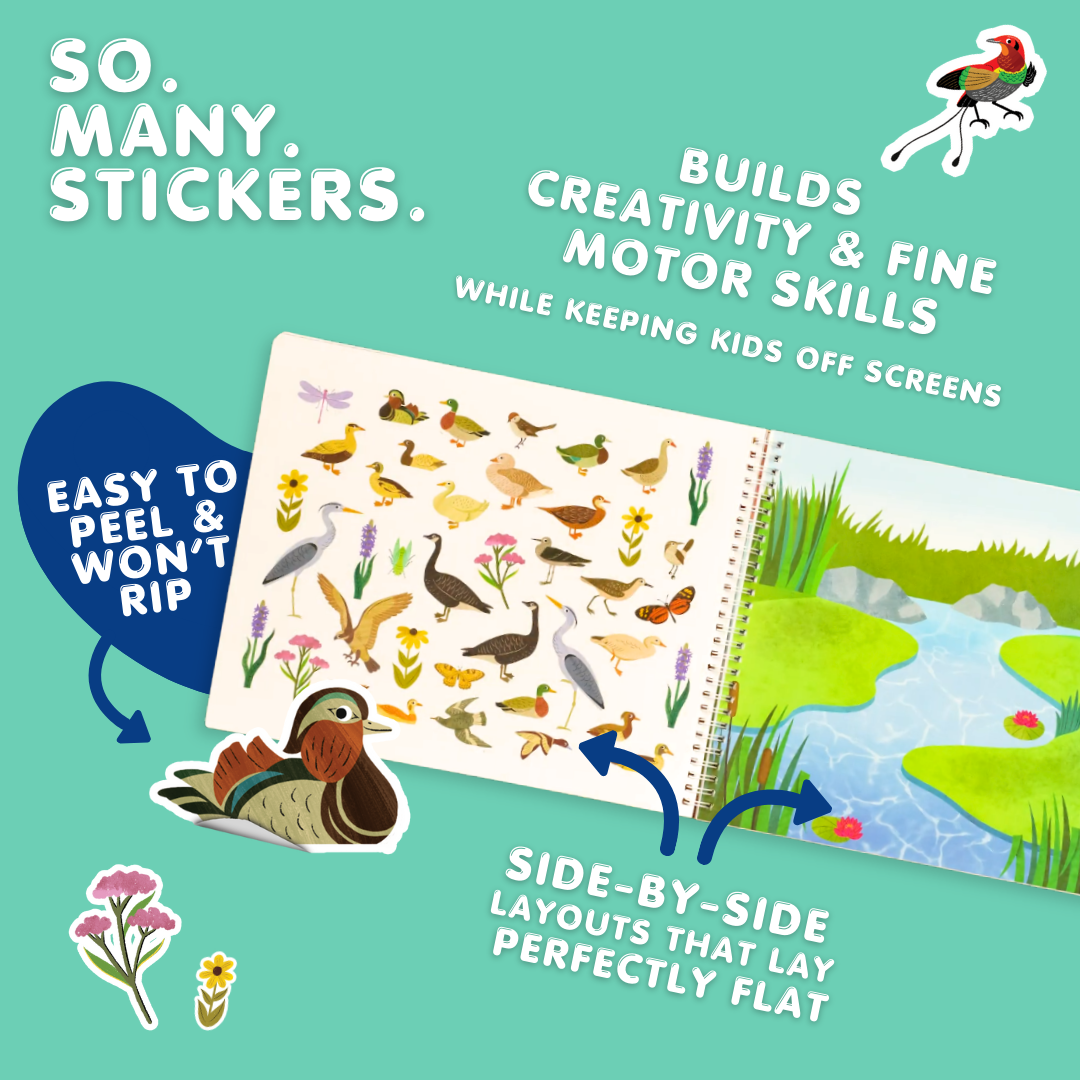 Sticker book with nature-themed stickers on a green background, featuring text about the benefits of the stickers.