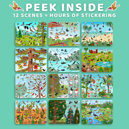Set of 12 illustrated cards with various scenes on a teal background, featuring text 'Peek Inside' and '12 Scenes = Hours of Stickering'.