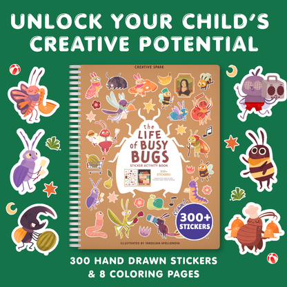 Sticker activity book with stickers on a green background, promoting creativity.