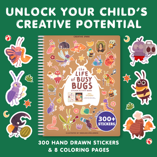 Sticker activity book with stickers on a green background, promoting creativity.
