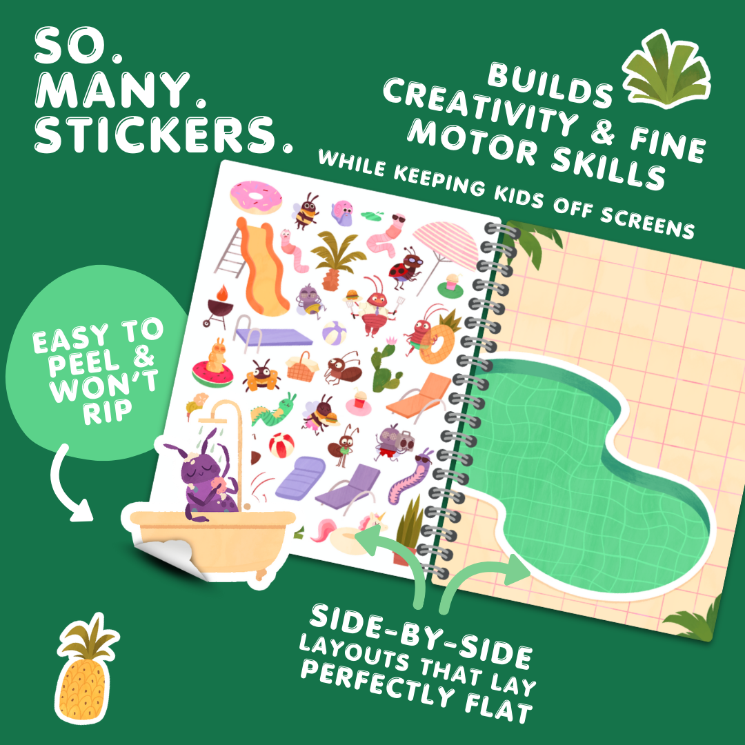 Sticker book with colorful illustrations on a green background, featuring text about stickers and benefits.